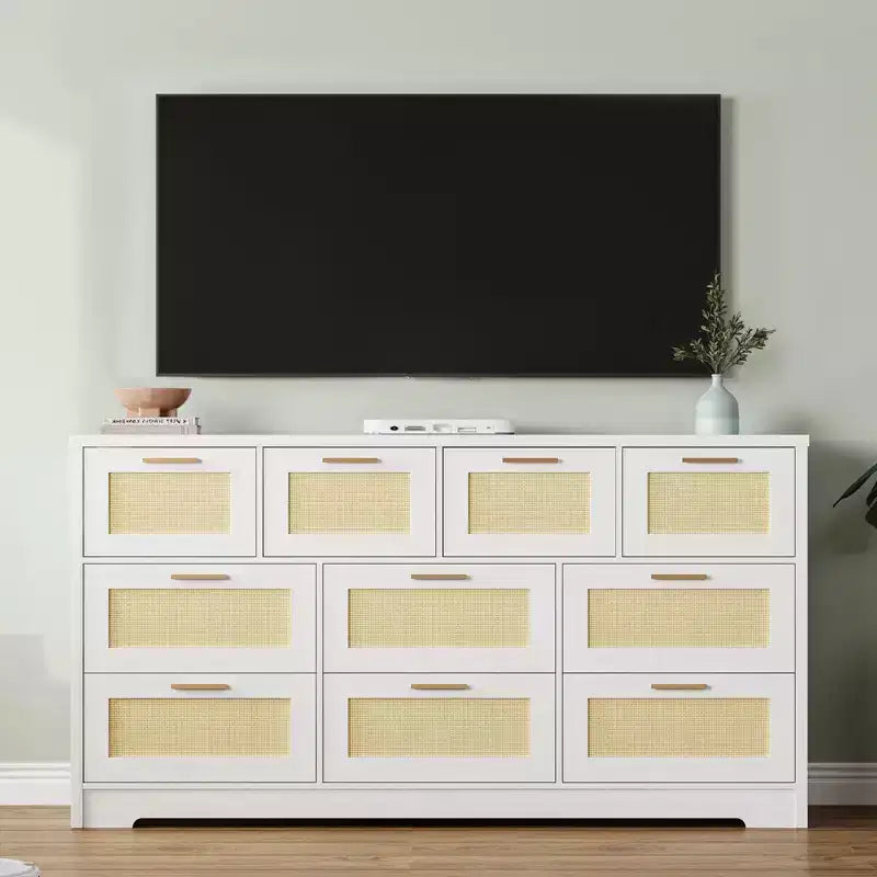 Rattan Dresser for Bedroom with 10 Drawer, Large Wood Chest of Drawers with Gold Metal Handles, Boho Wide Dresser for Bedroom, Living Room