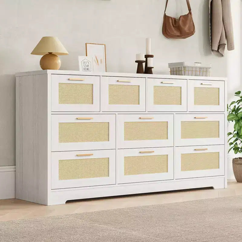 Rattan Dresser for Bedroom with 10 Drawer, Large Wood Chest of Drawers with Gold Metal Handles, Boho Wide Dresser for Bedroom, Living Room