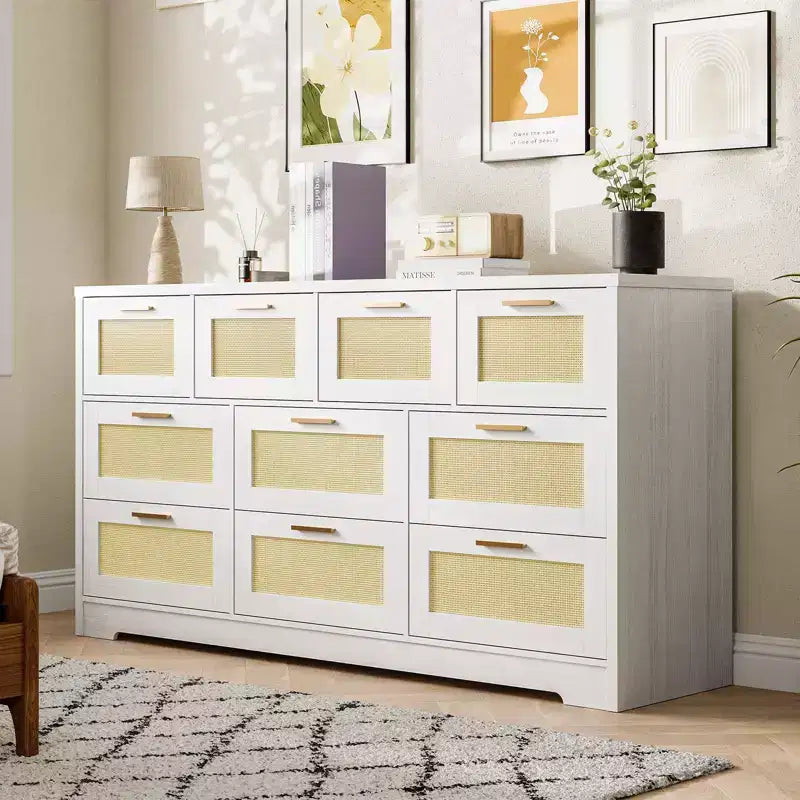Rattan Dresser for Bedroom with 10 Drawer, Large Wood Chest of Drawers with Gold Metal Handles, Boho Wide Dresser for Bedroom, Living Room