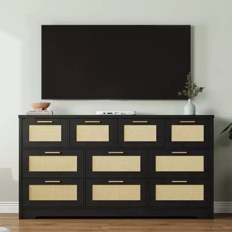 Rattan Dresser for Bedroom with 10 Drawer, Large Wood Chest of Drawers with Gold Metal Handles, Boho Wide Dresser for Bedroom, Living Room