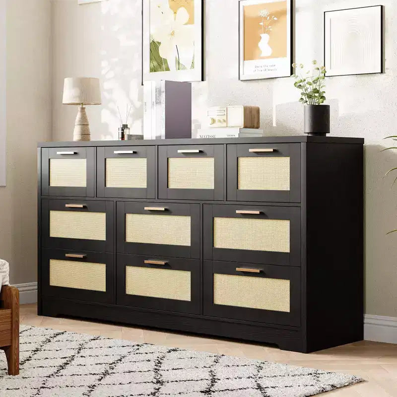 Rattan Dresser for Bedroom with 10 Drawer, Large Wood Chest of Drawers with Gold Metal Handles, Boho Wide Dresser for Bedroom, Living Room