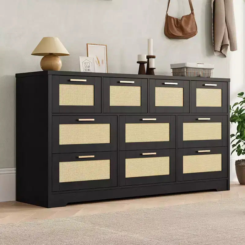 Rattan Dresser for Bedroom with 10 Drawer, Large Wood Chest of Drawers with Gold Metal Handles, Boho Wide Dresser for Bedroom, Living Room