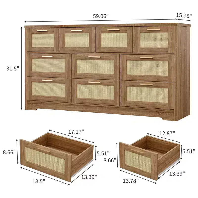 Rattan Dresser for Bedroom with 10 Drawer, Large Wood Chest of Drawers with Gold Metal Handles, Boho Wide Dresser for Bedroom, Living Room