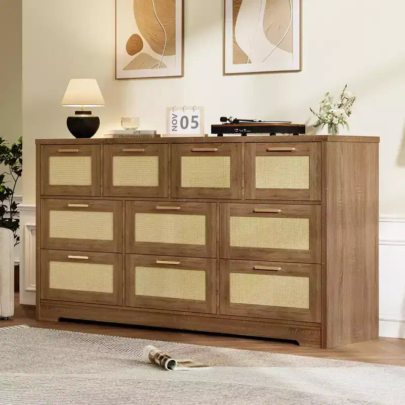Rattan Dresser for Bedroom with 10 Drawer, Large Wood Chest of Drawers with Gold Metal Handles, Boho Wide Dresser for Bedroom, Living Room