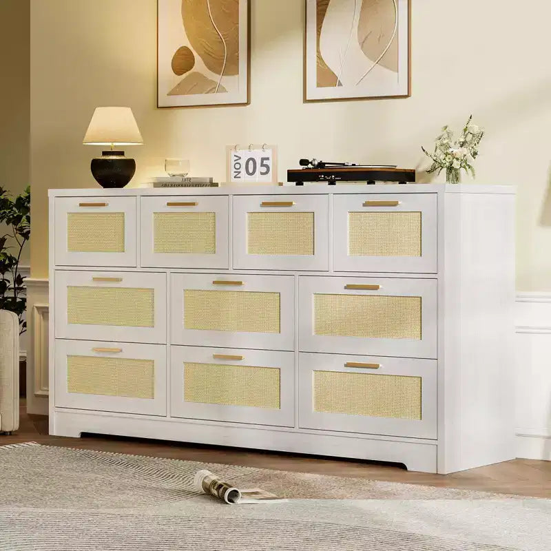 Rattan Dresser for Bedroom with 10 Drawer, Large Wood Chest of Drawers with Gold Metal Handles, Boho Wide Dresser for Bedroom, Living Room