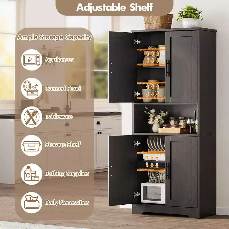 Storage Cabinet, 70in Tall Kitchen Pantry Cabinet - Freestanding 4-Door Cupboard with Adjustable Shelves Utility Hutch black/gray/white