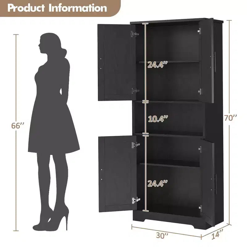 Storage Cabinet, 70in Tall Kitchen Pantry Cabinet - Freestanding 4-Door Cupboard with Adjustable Shelves Utility Hutch black/gray/white