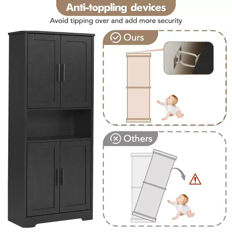 Storage Cabinet, 70in Tall Kitchen Pantry Cabinet - Freestanding 4-Door Cupboard with Adjustable Shelves Utility Hutch black/gray/white
