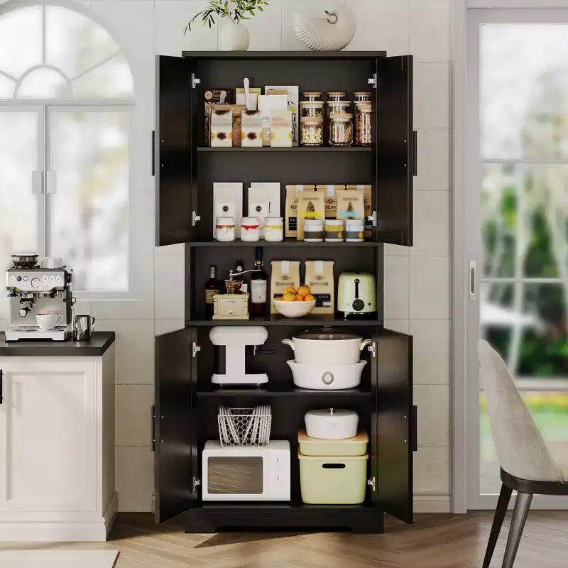 Storage Cabinet, 70in Tall Kitchen Pantry Cabinet - Freestanding 4-Door Cupboard with Adjustable Shelves Utility Hutch black/gray/white