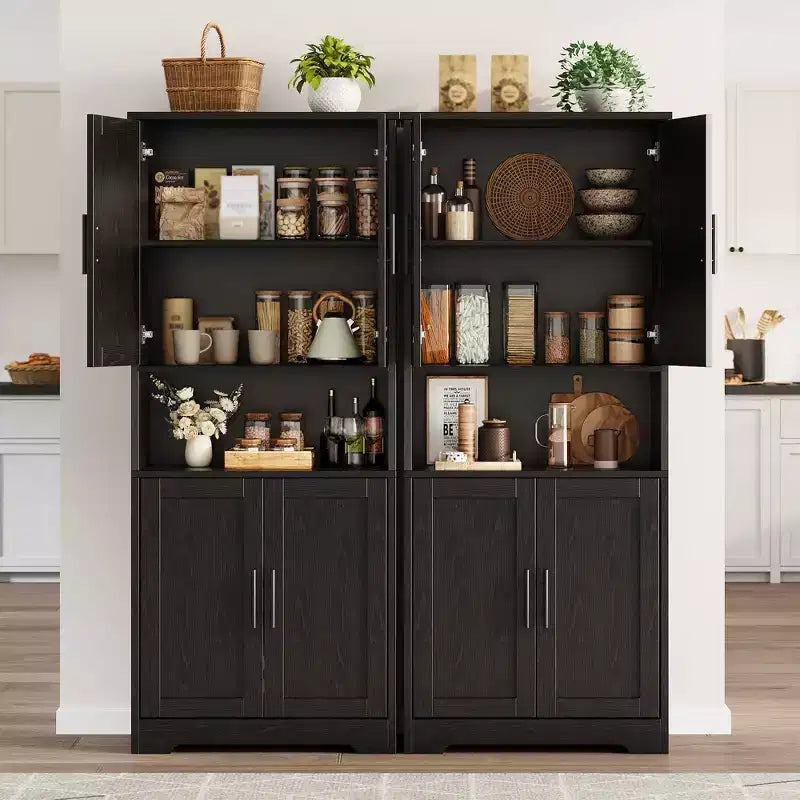 Storage Cabinet, 70in Tall Kitchen Pantry Cabinet - Freestanding 4-Door Cupboard with Adjustable Shelves Utility Hutch black/gray/white