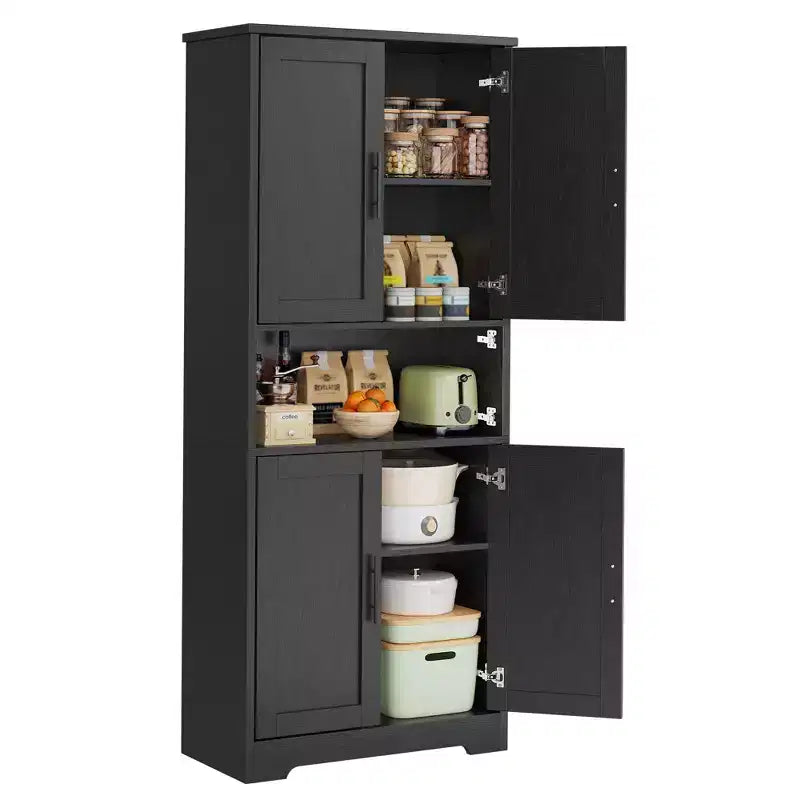 Storage Cabinet, 70in Tall Kitchen Pantry Cabinet - Freestanding 4-Door Cupboard with Adjustable Shelves Utility Hutch black/gray/white