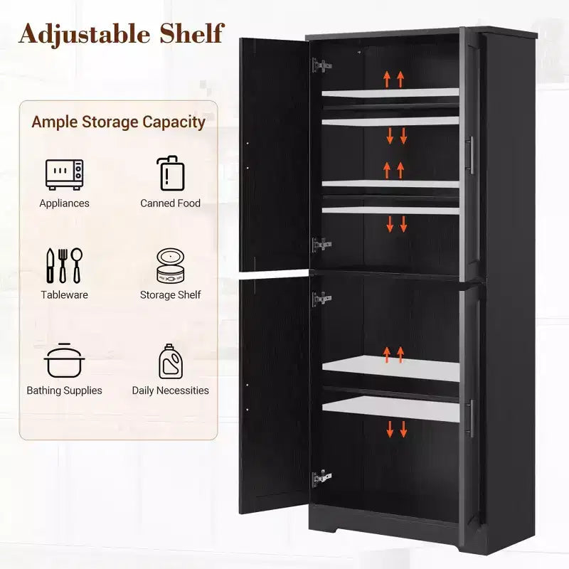 Storage Cabinet, 70in Tall Kitchen Pantry Cabinet - Freestanding 4-Door Cupboard with Adjustable Shelves Utility Hutch black/gray/white