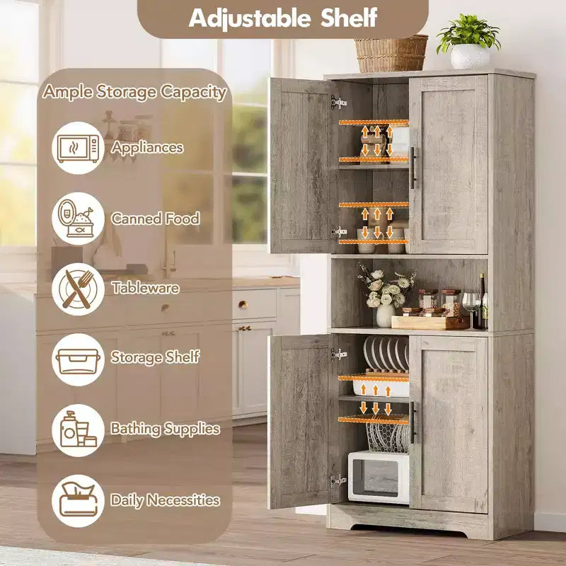 Storage Cabinet, 70in Tall Kitchen Pantry Cabinet - Freestanding 4-Door Cupboard with Adjustable Shelves Utility Hutch black/gray/white