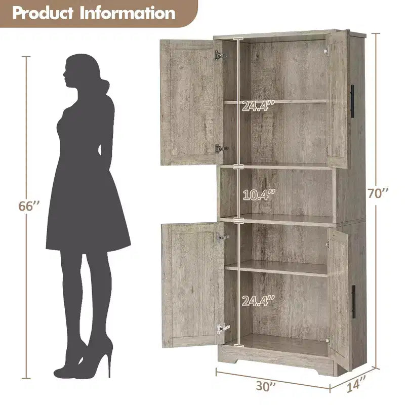 Storage Cabinet, 70in Tall Kitchen Pantry Cabinet - Freestanding 4-Door Cupboard with Adjustable Shelves Utility Hutch black/gray/white