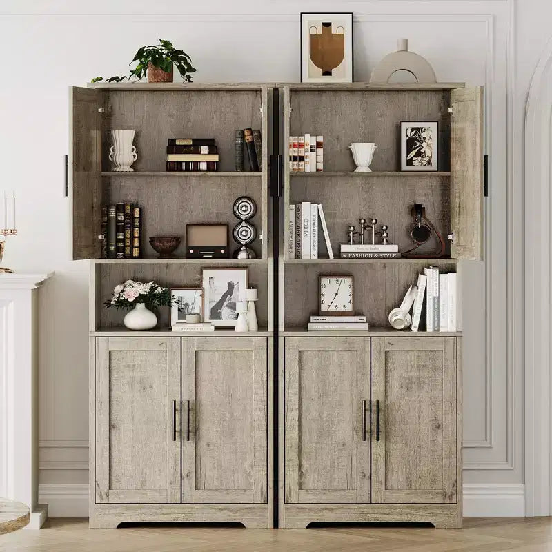 Storage Cabinet, 70in Tall Kitchen Pantry Cabinet - Freestanding 4-Door Cupboard with Adjustable Shelves Utility Hutch black/gray/white