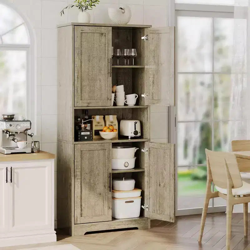 Storage Cabinet, 70in Tall Kitchen Pantry Cabinet - Freestanding 4-Door Cupboard with Adjustable Shelves Utility Hutch black/gray/white