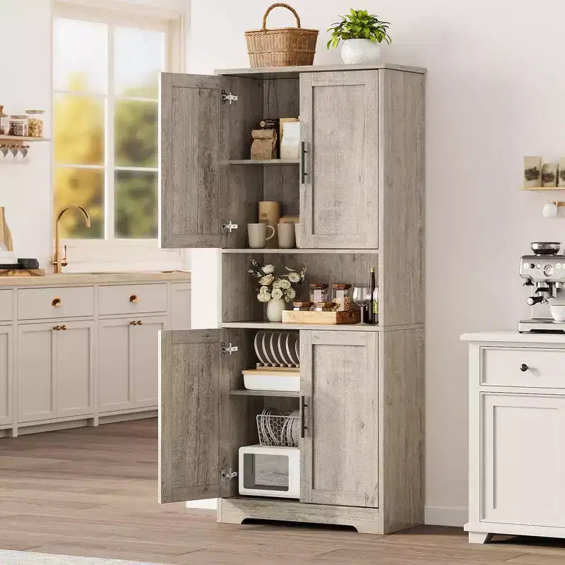 Storage Cabinet, 70in Tall Kitchen Pantry Cabinet - Freestanding 4-Door Cupboard with Adjustable Shelves Utility Hutch black/gray/white