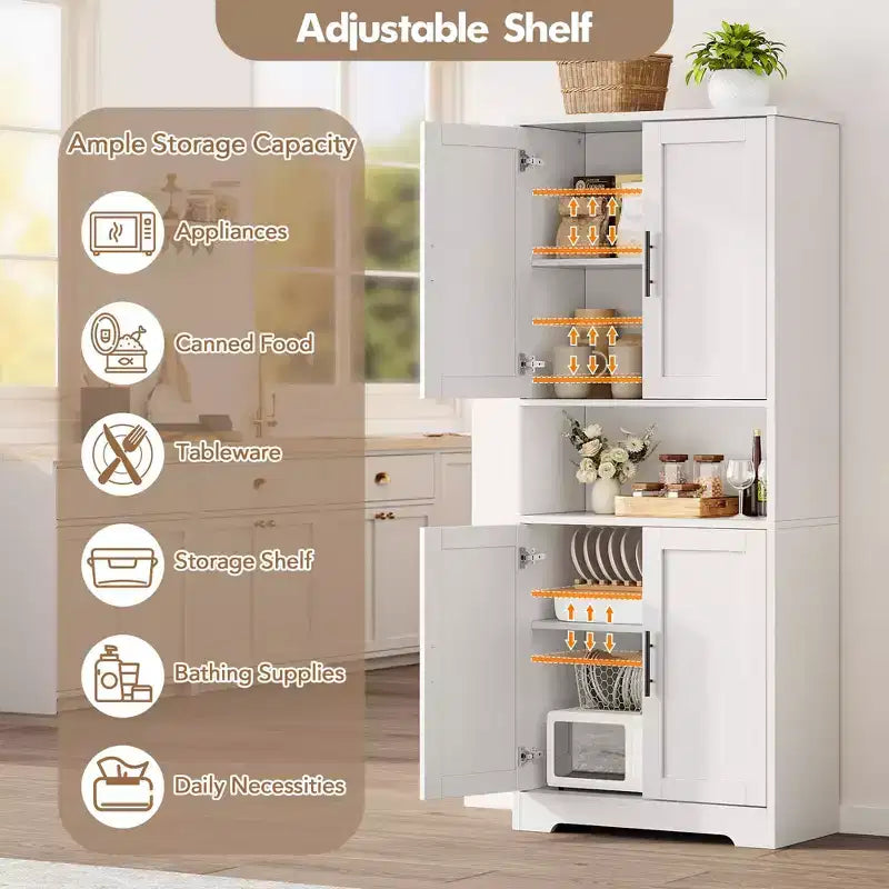 Storage Cabinet, 70in Tall Kitchen Pantry Cabinet - Freestanding 4-Door Cupboard with Adjustable Shelves Utility Hutch black/gray/white