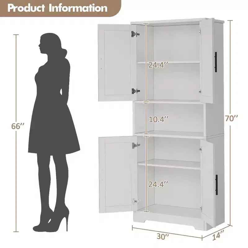 Storage Cabinet, 70in Tall Kitchen Pantry Cabinet - Freestanding 4-Door Cupboard with Adjustable Shelves Utility Hutch black/gray/white