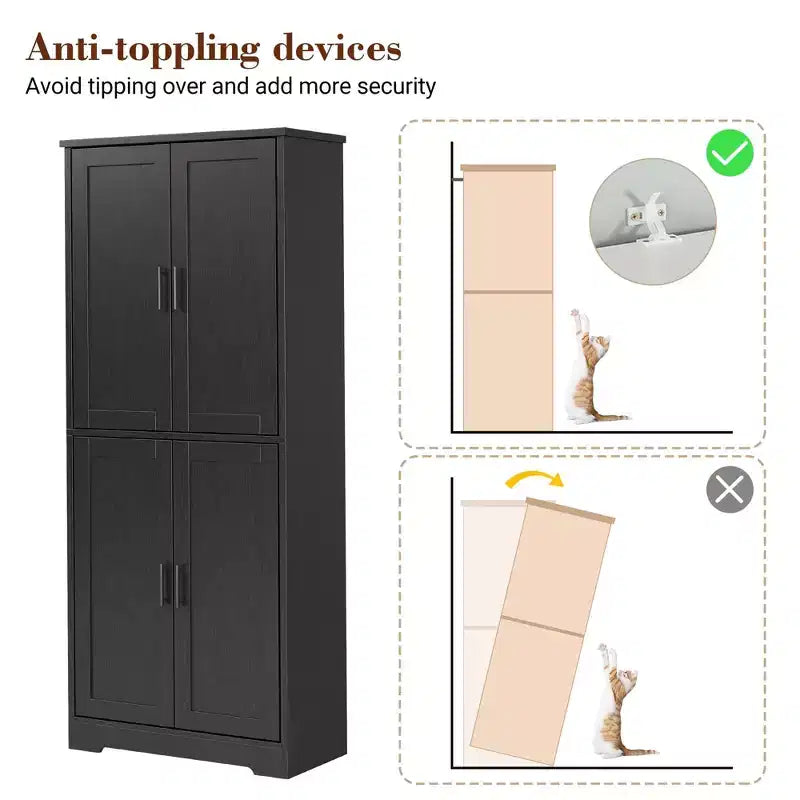 Storage Cabinet, 70in Tall Kitchen Pantry Cabinet - Freestanding 4-Door Cupboard with Adjustable Shelves Utility Hutch black/gray/white