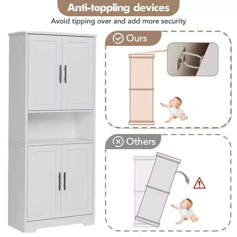 Storage Cabinet, 70in Tall Kitchen Pantry Cabinet - Freestanding 4-Door Cupboard with Adjustable Shelves Utility Hutch black/gray/white