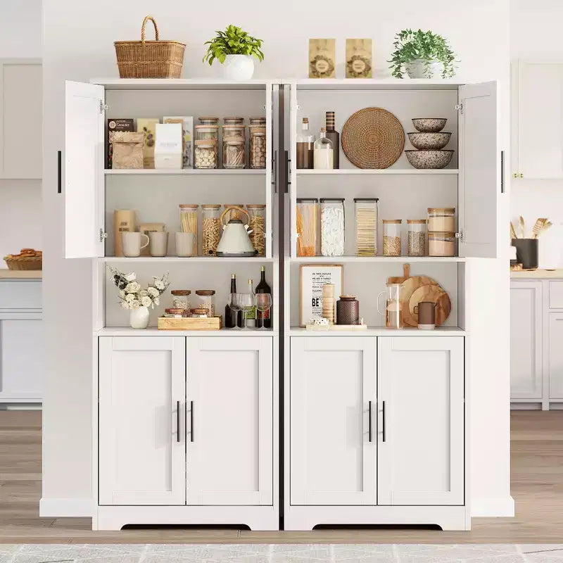 Storage Cabinet, 70in Tall Kitchen Pantry Cabinet - Freestanding 4-Door Cupboard with Adjustable Shelves Utility Hutch black/gray/white