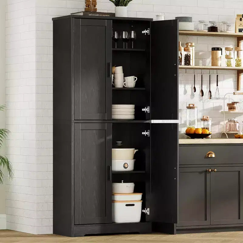 Storage Cabinet, 70in Tall Kitchen Pantry Cabinet - Freestanding 4-Door Cupboard with Adjustable Shelves Utility Hutch black/gray/white