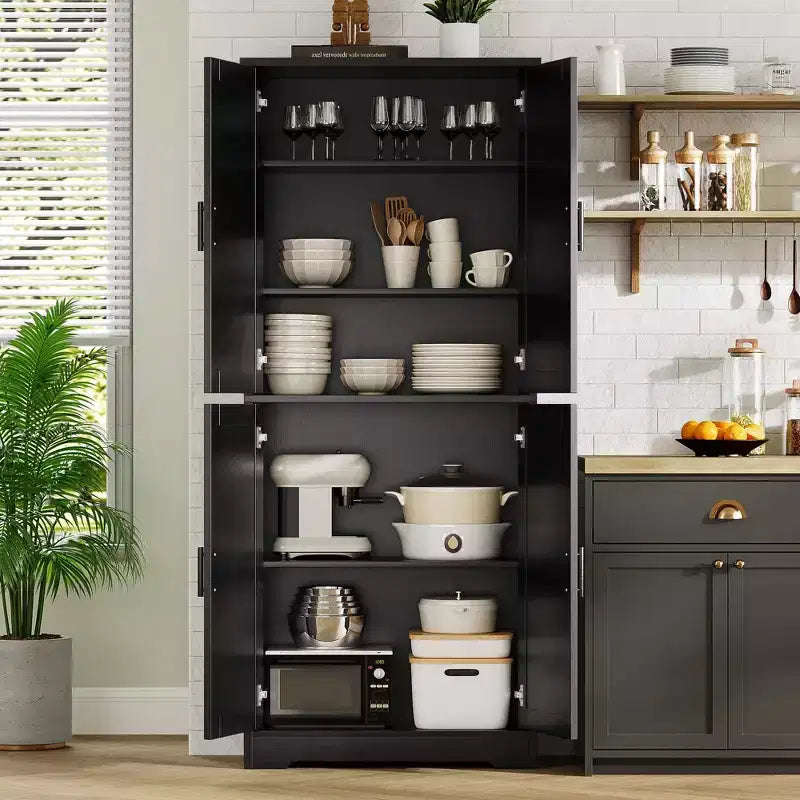 Storage Cabinet, 70in Tall Kitchen Pantry Cabinet - Freestanding 4-Door Cupboard with Adjustable Shelves Utility Hutch black/gray/white