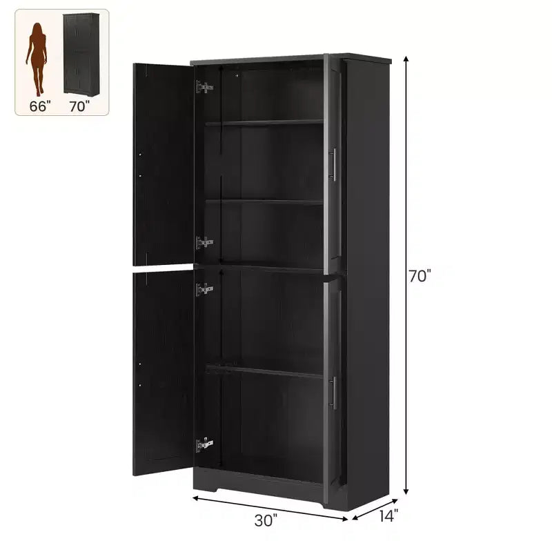 Storage Cabinet, 70in Tall Kitchen Pantry Cabinet - Freestanding 4-Door Cupboard with Adjustable Shelves Utility Hutch black/gray/white