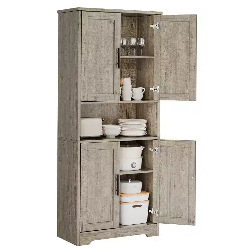 Storage Cabinet, 70in Tall Kitchen Pantry Cabinet - Freestanding 4-Door Cupboard with Adjustable Shelves Utility Hutch black/gray/white