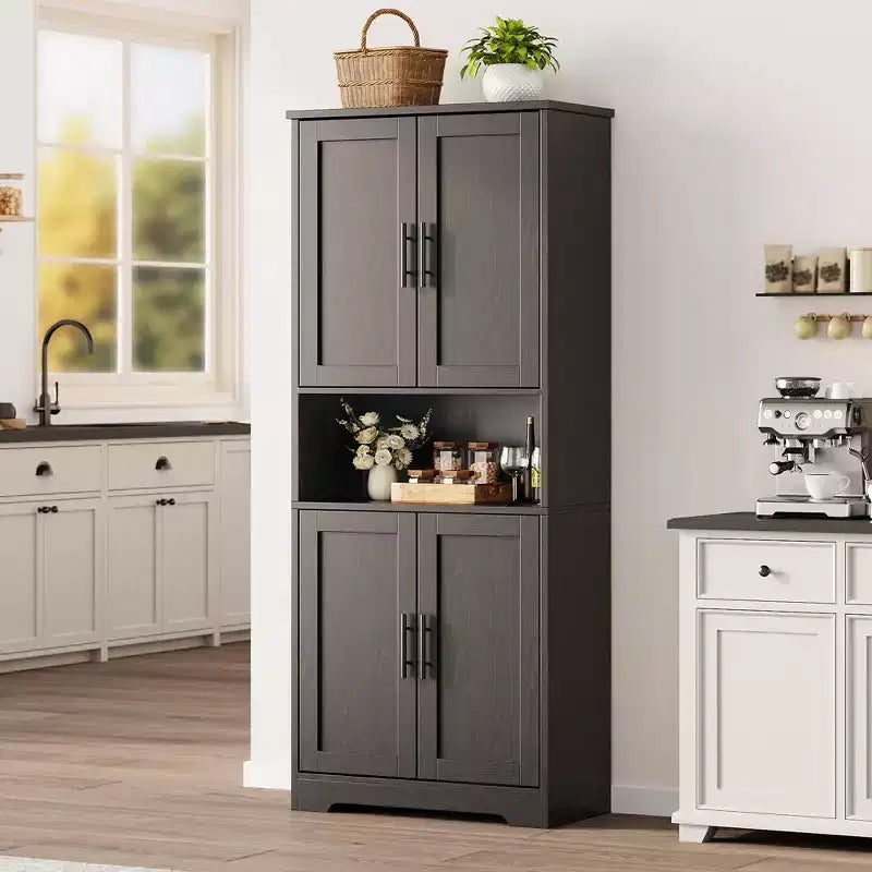 Storage Cabinet, 70in Tall Kitchen Pantry Cabinet - Freestanding 4-Door Cupboard with Adjustable Shelves Utility Hutch black/gray/white