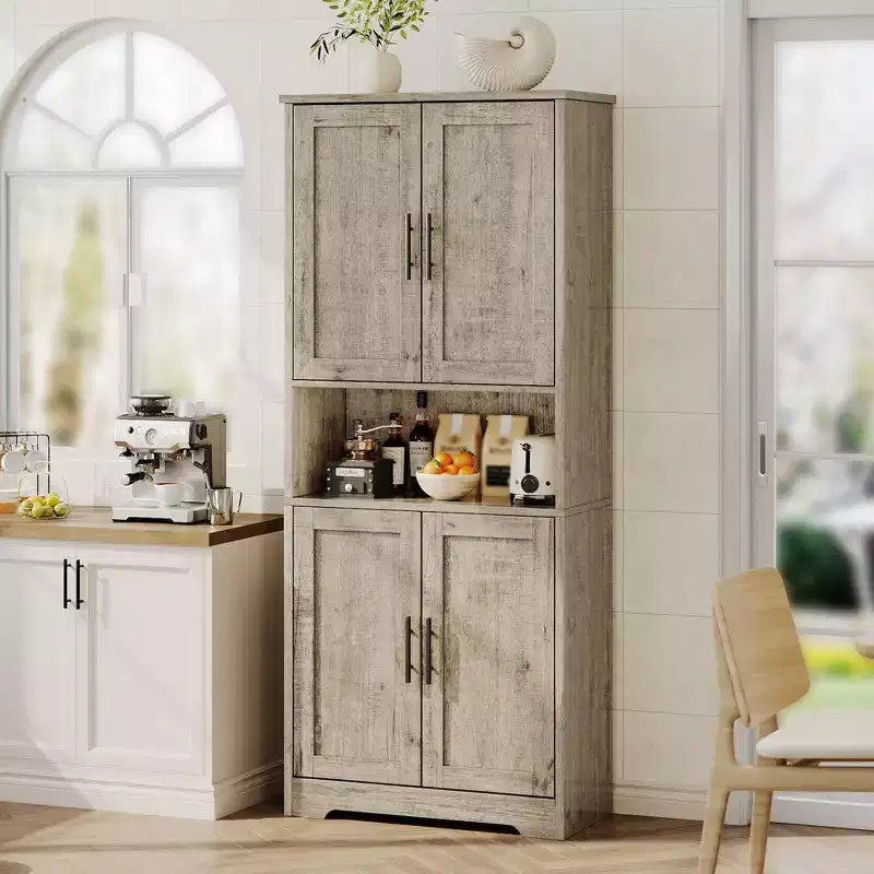 Storage Cabinet, 70in Tall Kitchen Pantry Cabinet - Freestanding 4-Door Cupboard with Adjustable Shelves Utility Hutch black/gray/white