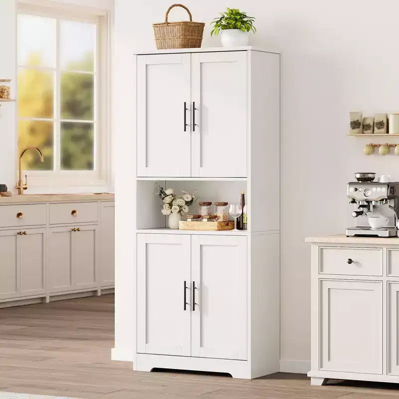 Storage Cabinet, 70in Tall Kitchen Pantry Cabinet - Freestanding 4-Door Cupboard with Adjustable Shelves Utility Hutch black/gray/white