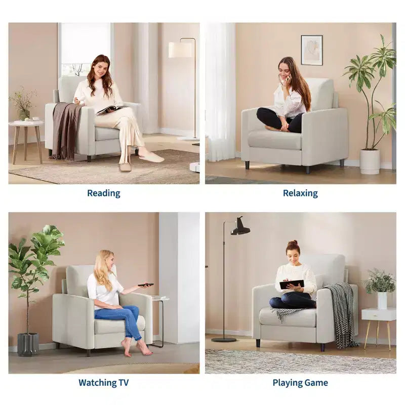 Sofa Accent Chair, 33 Reading Chair for Bedroom, Toll Free Setup Living Room Accent Chairs, Comfy Armchair Living Room, All wood Reading Nook, Beige