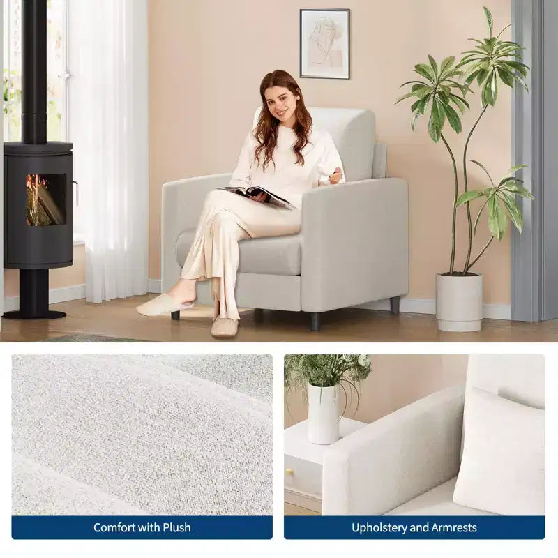Sofa Accent Chair, 33 Reading Chair for Bedroom, Toll Free Setup Living Room Accent Chairs, Comfy Armchair Living Room, All wood Reading Nook, Beige