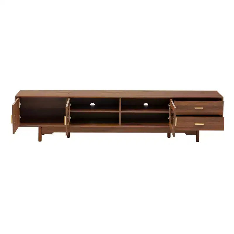 TV Stand for TVs Up to 85, Mid-Century Modern TV Cabinet Media Console Entertainment Center with Fluted Glass Doors & 2 Drawers, Walnut - ModernLuxe