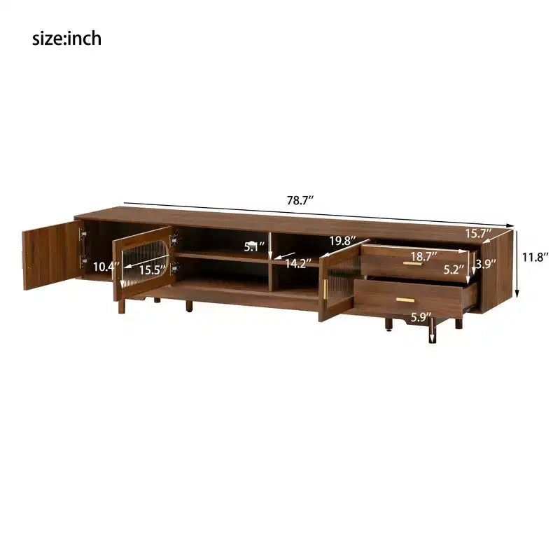 TV Stand for TVs Up to 85, Mid-Century Modern TV Cabinet Media Console Entertainment Center with Fluted Glass Doors & 2 Drawers, Walnut - ModernLuxe