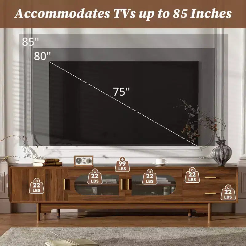 TV Stand for TVs Up to 85, Mid-Century Modern TV Cabinet Media Console Entertainment Center with Fluted Glass Doors & 2 Drawers, Walnut - ModernLuxe