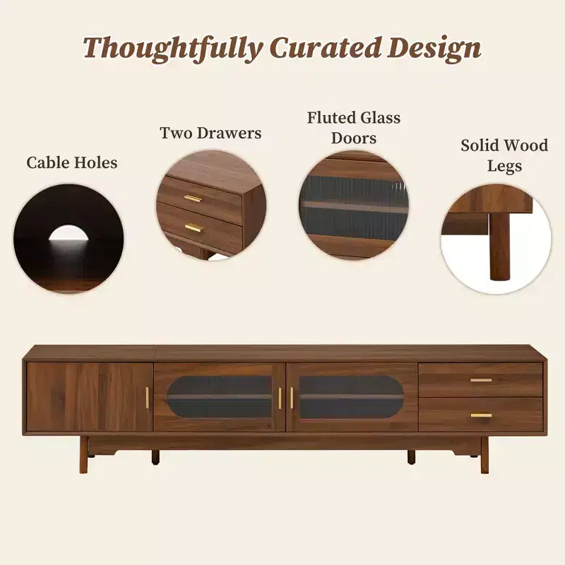 TV Stand for TVs Up to 85, Mid-Century Modern TV Cabinet Media Console Entertainment Center with Fluted Glass Doors & 2 Drawers, Walnut - ModernLuxe