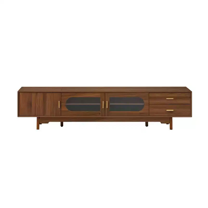 TV Stand for TVs Up to 85, Mid-Century Modern TV Cabinet Media Console Entertainment Center with Fluted Glass Doors & 2 Drawers, Walnut - ModernLuxe