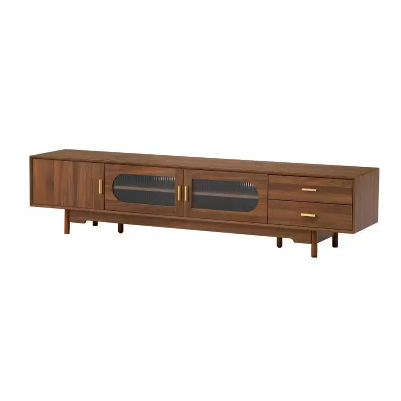 TV Stand for TVs Up to 85, Mid-Century Modern TV Cabinet Media Console Entertainment Center with Fluted Glass Doors & 2 Drawers, Walnut - ModernLuxe