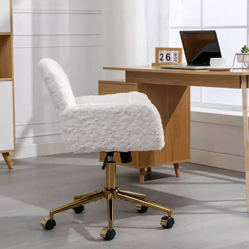 TUYOHW Chic Desk Chair Artificial Rabbit Hair Vanity Chair,360 Swivel Home Office Chair with Golden Metal Base,19.7-23.2H Computer Chair