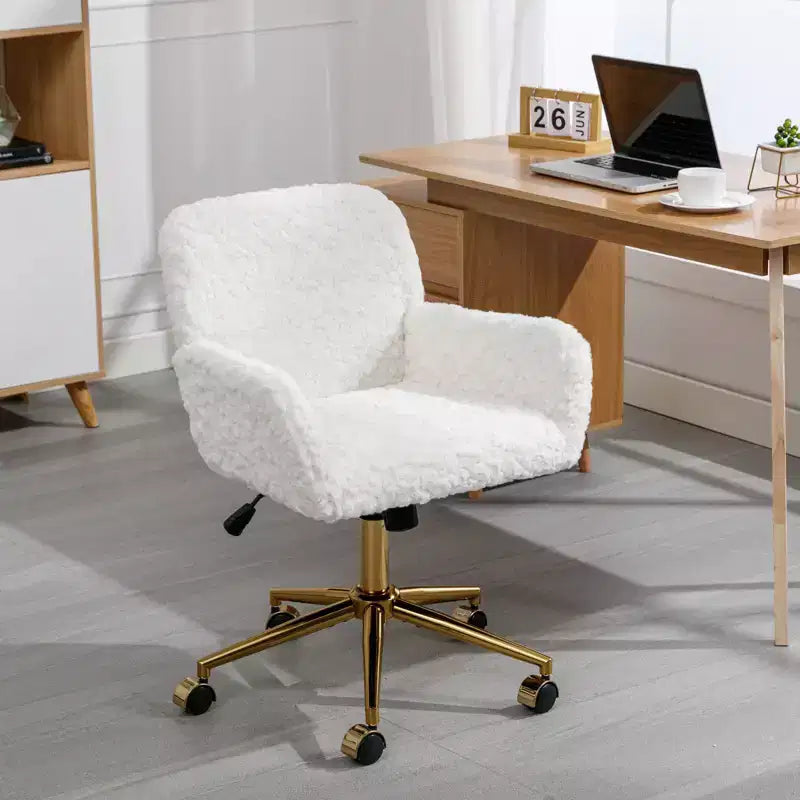 TUYOHW Chic Desk Chair Artificial Rabbit Hair Vanity Chair,360 Swivel Home Office Chair with Golden Metal Base,19.7-23.2H Computer Chair