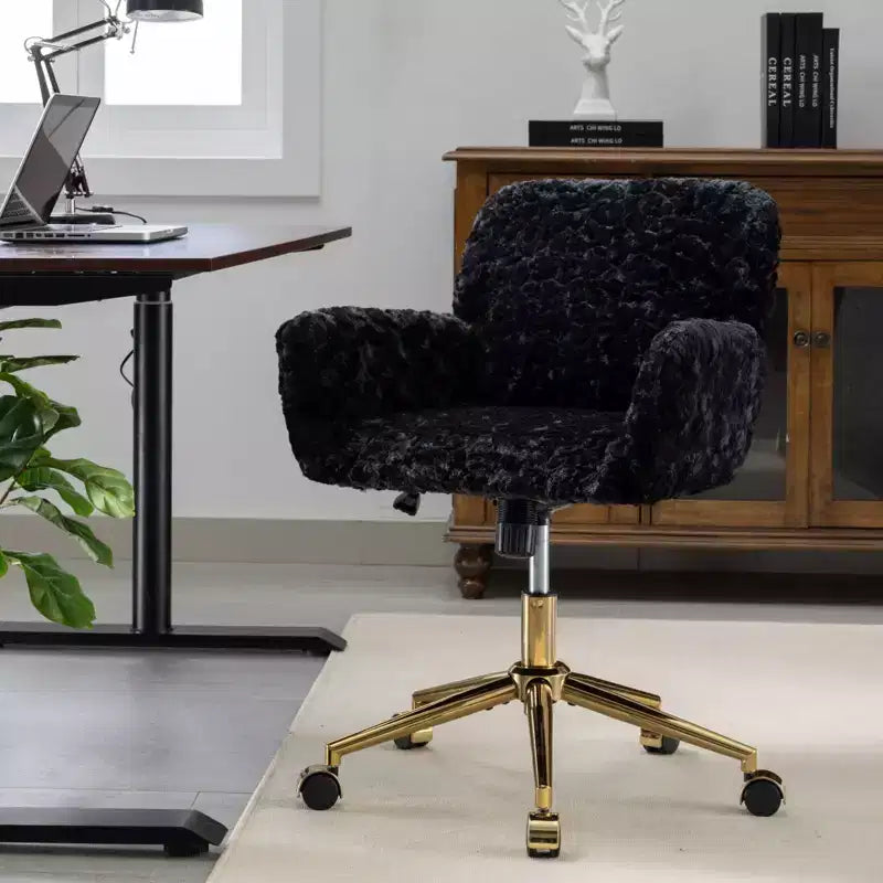 TUYOHW Chic Desk Chair Artificial Rabbit Hair Vanity Chair,360 Swivel Home Office Chair with Golden Metal Base,19.7-23.2H Computer Chair