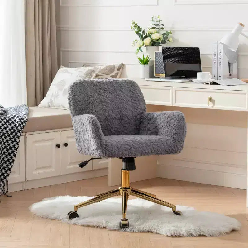 TUYOHW Chic Desk Chair Artificial Rabbit Hair Vanity Chair,360 Swivel Home Office Chair with Golden Metal Base,19.7-23.2H Computer Chair