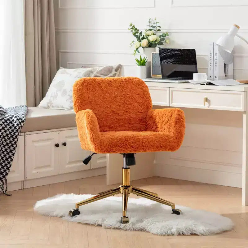 TUYOHW Chic Desk Chair Artificial Rabbit Hair Vanity Chair,360 Swivel Home Office Chair with Golden Metal Base,19.7-23.2H Computer Chair