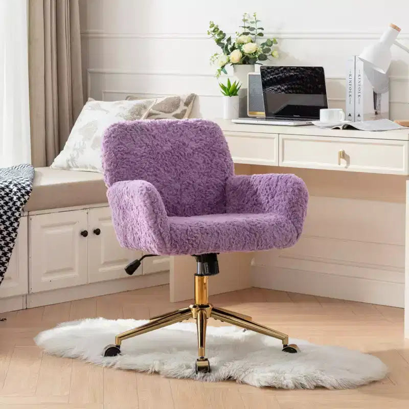 TUYOHW Chic Desk Chair Artificial Rabbit Hair Vanity Chair,360 Swivel Home Office Chair with Golden Metal Base,19.7-23.2H Computer Chair
