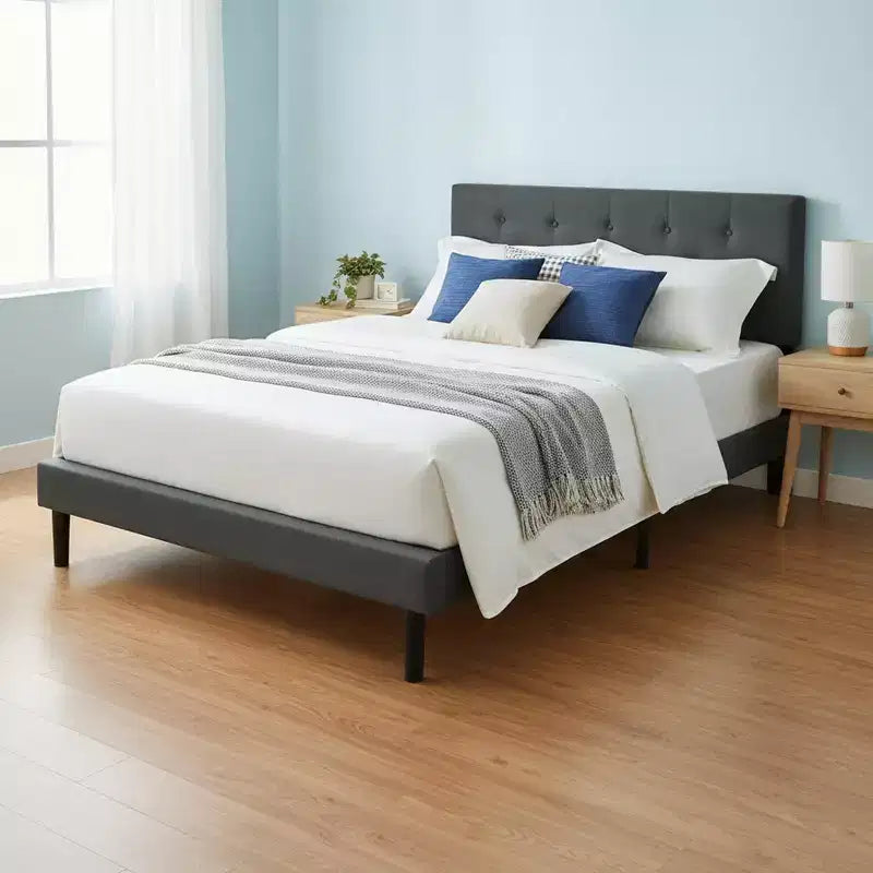 Homy Casa Twin Upholstered Platform Bed with Wood Slat Mattress Support