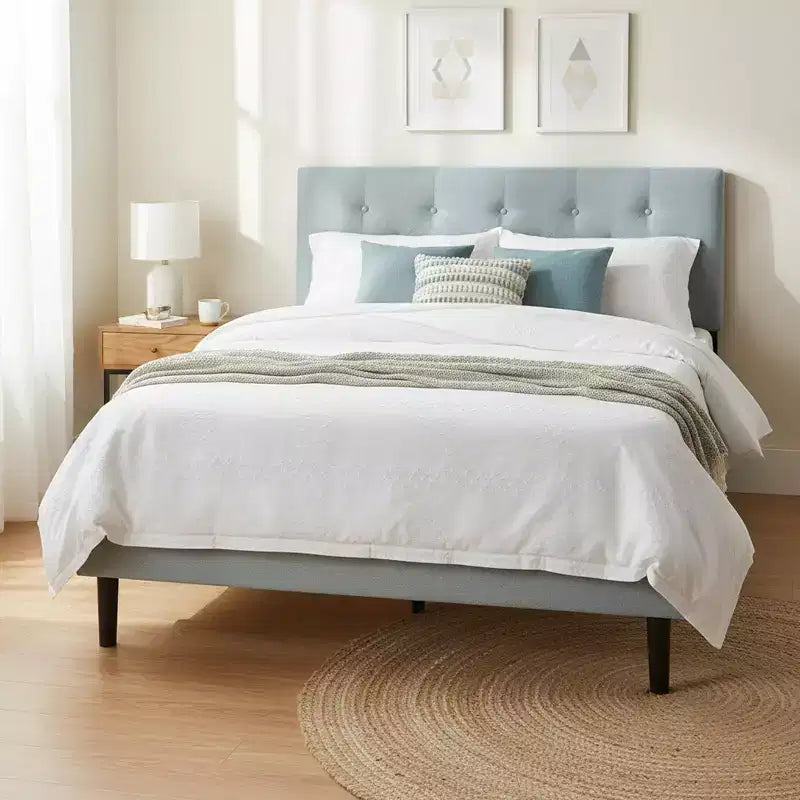 Homy Casa Twin Upholstered Platform Bed with Wood Slat Mattress Support