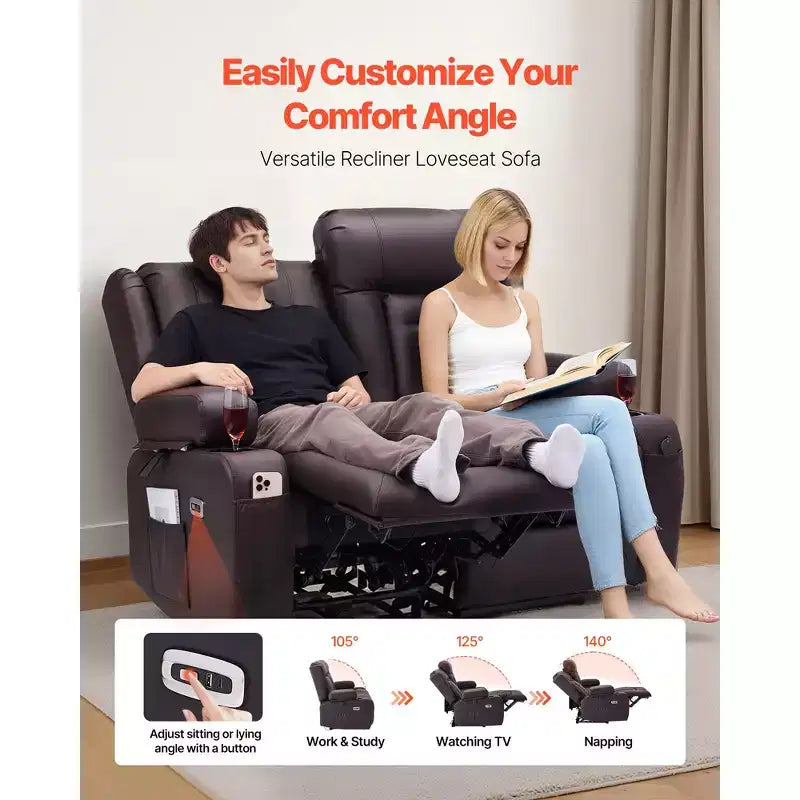 VEVOR Loveseat Recliner Sofa, Power Reclining Couch with Heating & Massage and Timer, PU Leather Electric Recliner Sofa with USB Ports, Brown